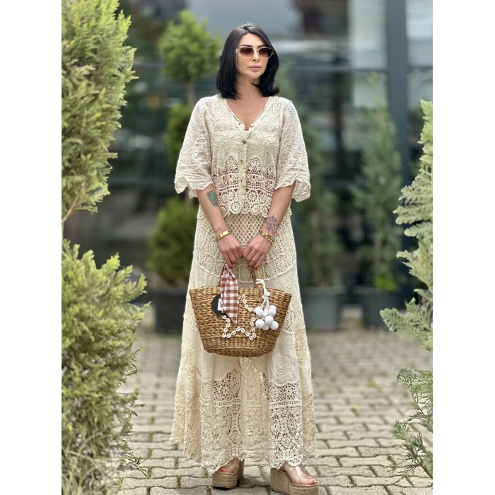 DANTEL İŞLEMELİ NATUREL ETEK