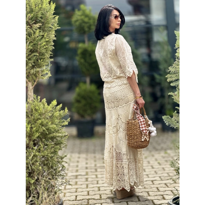 DANTEL İŞLEMELİ NATUREL ETEK