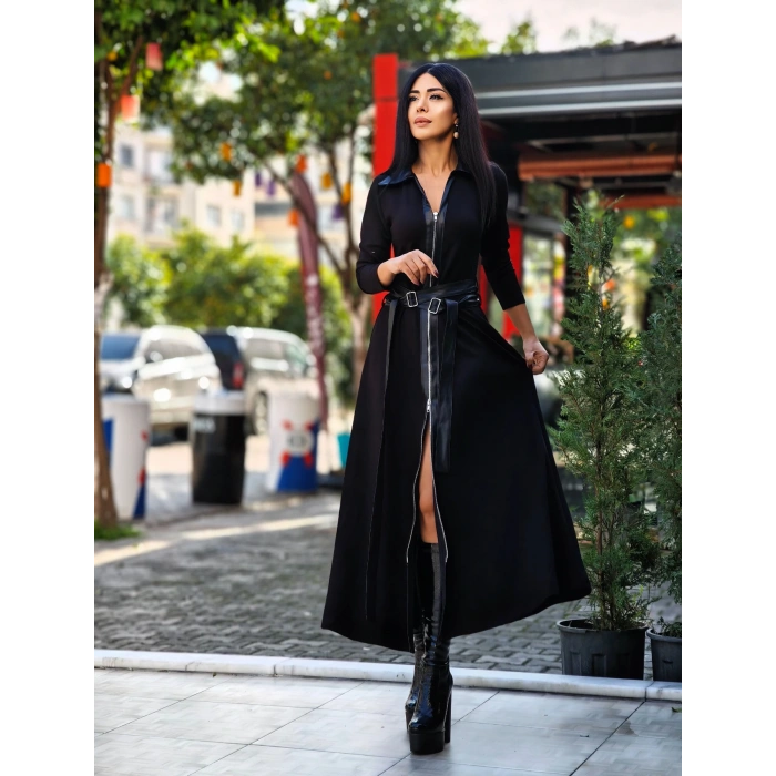 DERİ ÇAPRAZ KEMERLİ SİYAH ELBİSE