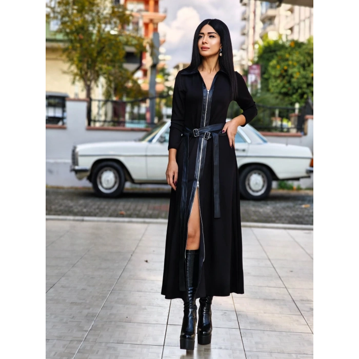 DERİ ÇAPRAZ KEMERLİ SİYAH ELBİSE