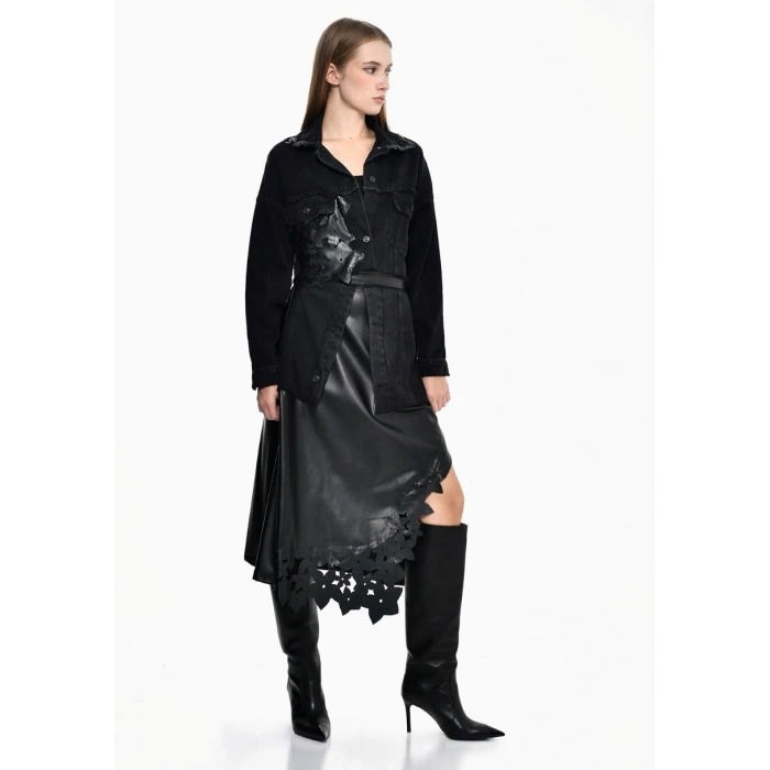 DERİ ÇİÇEK DETAYLI JEAN CEKET