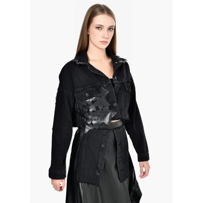 DERİ ÇİÇEK DETAYLI JEAN CEKET