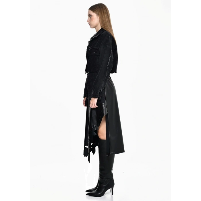 DERİ ÇİÇEK DETAYLI JEAN CEKET