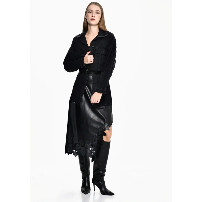 DERİ ÇİÇEK DETAYLI JEAN CEKET