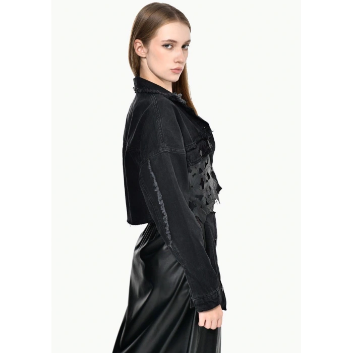 DERİ ÇİÇEK DETAYLI JEAN CEKET