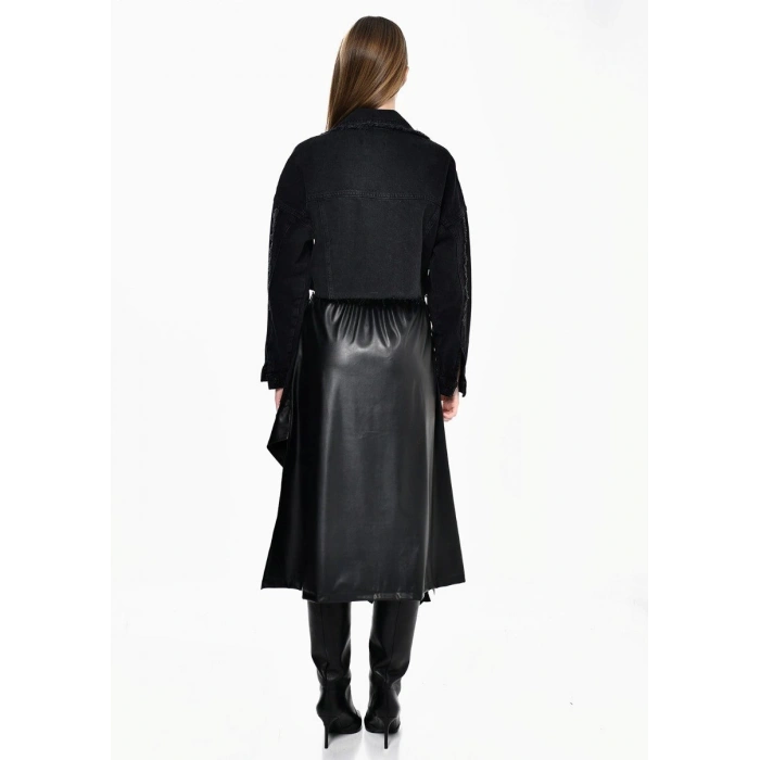 DERİ ÇİÇEK DETAYLI JEAN CEKET