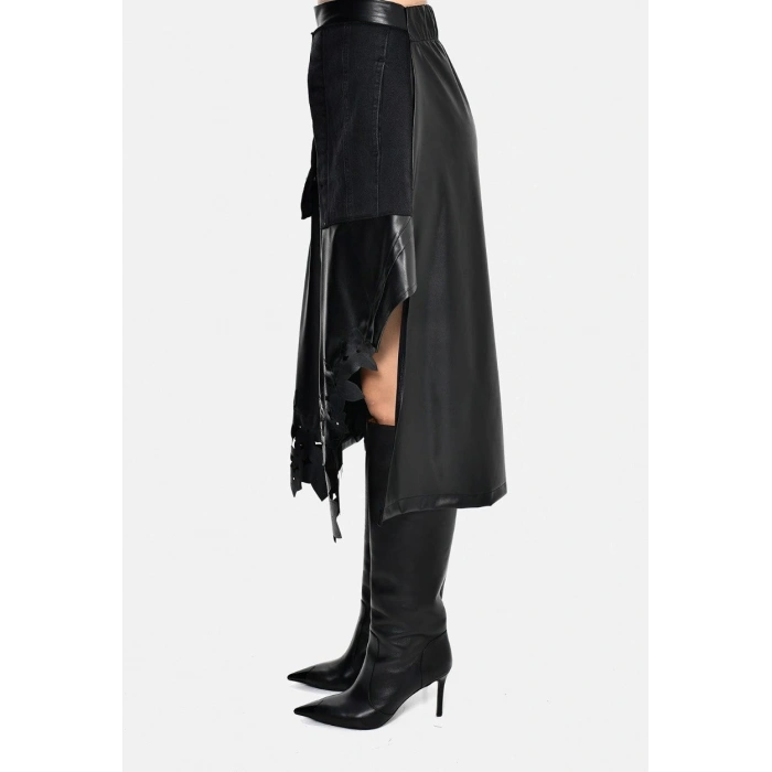 DERİ ÇİÇEK DETAYLI JEAN ETEK