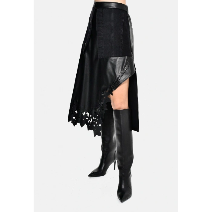 DERİ ÇİÇEK DETAYLI JEAN ETEK