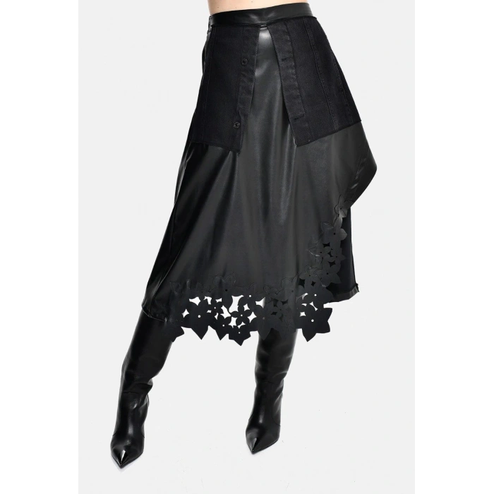 DERİ ÇİÇEK DETAYLI JEAN ETEK