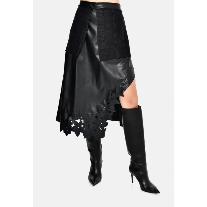 DERİ ÇİÇEK DETAYLI JEAN ETEK