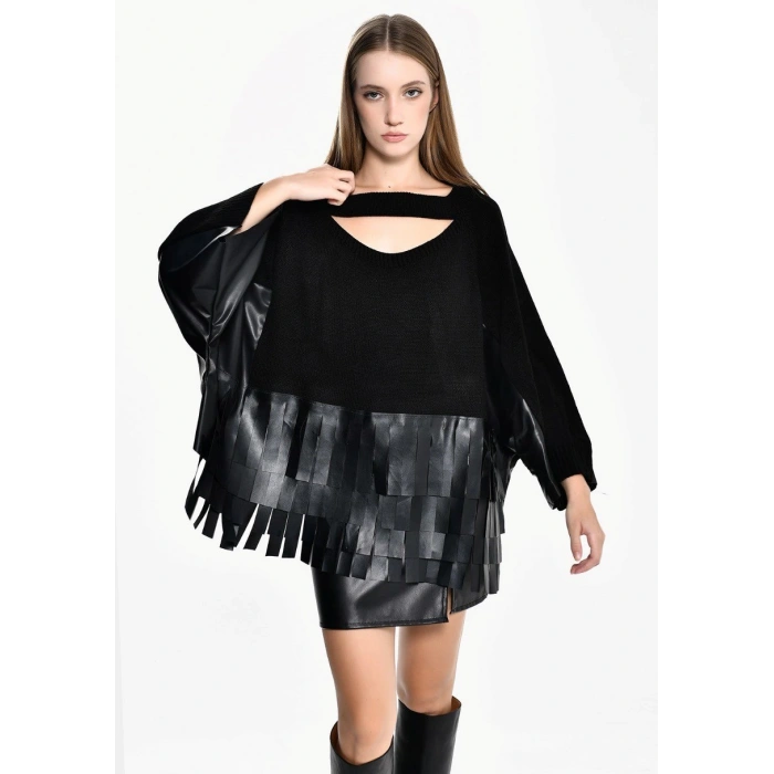 DERİ PÜSKÜL DETAY TRİKO KAZAK