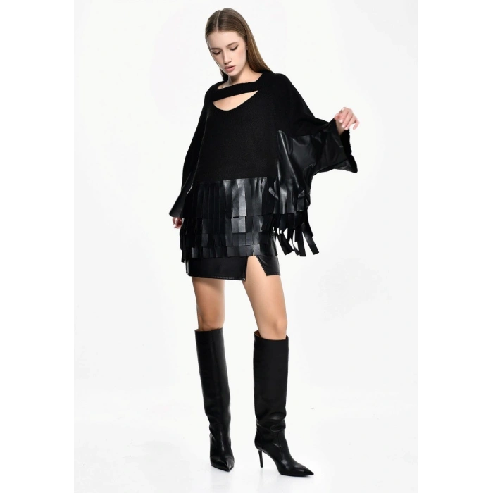 DERİ PÜSKÜL DETAY TRİKO KAZAK