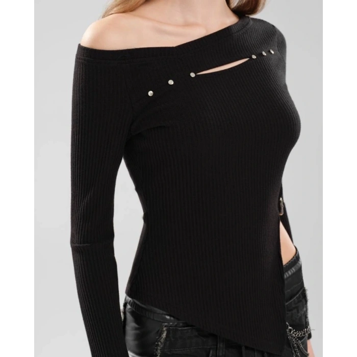 DERİ TOKA DETAY ASİMETRİK SİYAH BLUZ