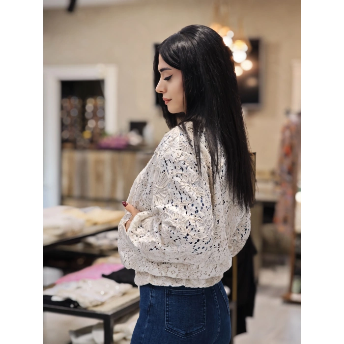 EKRU ÇİÇEKLİ FERMUARLI HIRKA