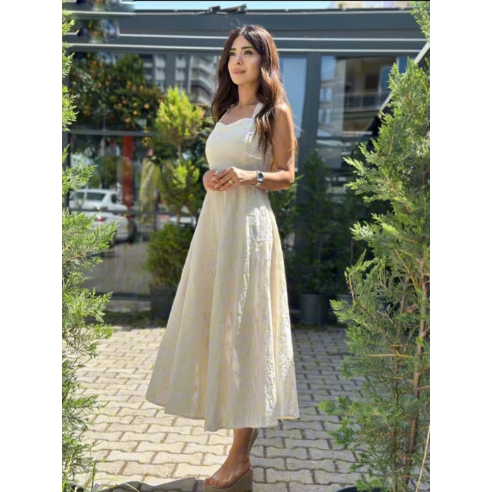 EKRU FİSTO KUMAŞ MIDI ELBİSE