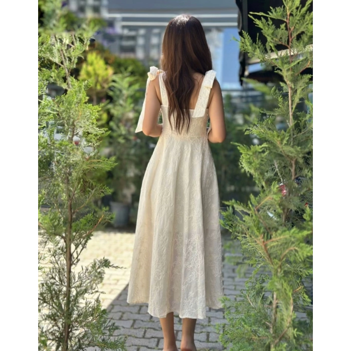 EKRU FİSTO KUMAŞ MIDI ELBİSE