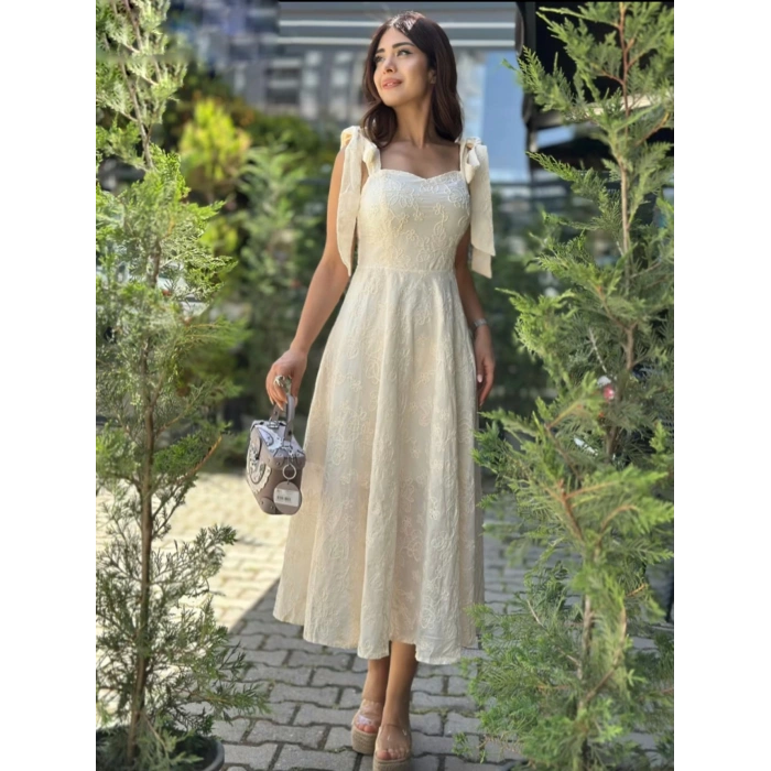 EKRU FİSTO KUMAŞ MIDI ELBİSE