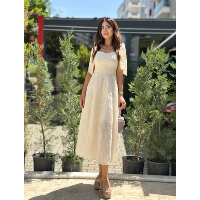 EKRU FİSTO KUMAŞ MIDI ELBİSE