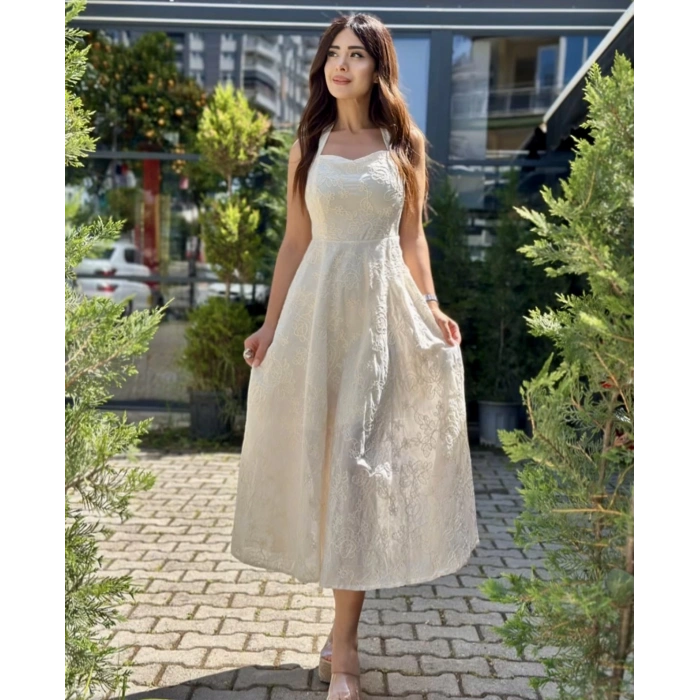 EKRU FİSTO KUMAŞ MIDI ELBİSE