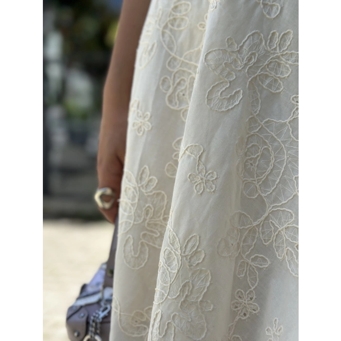 EKRU FİSTO KUMAŞ MIDI ELBİSE