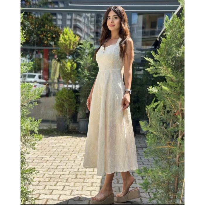 EKRU FİSTO KUMAŞ MIDI ELBİSE
