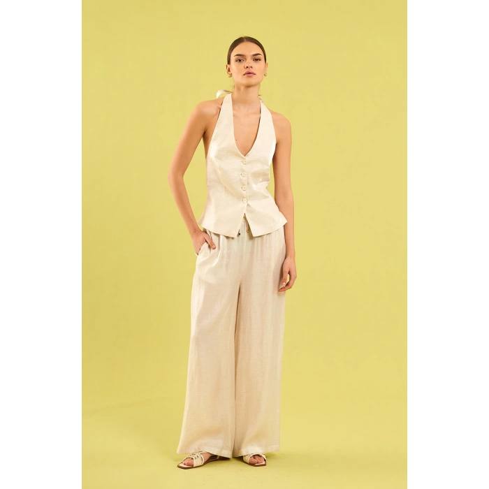 EKRU SATEN GÖRÜNÜMLÜ PANTOLON