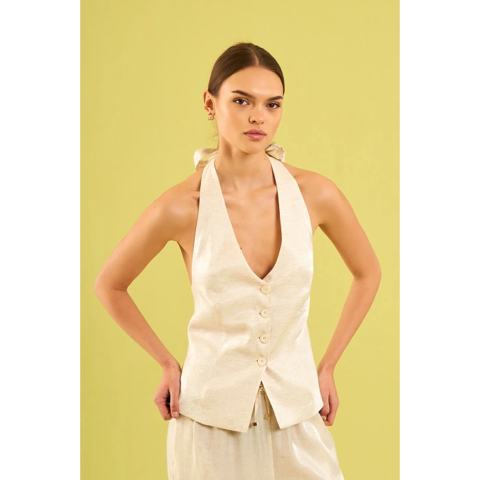 EKRU SATEN GÖRÜNÜMLÜ PANTOLON