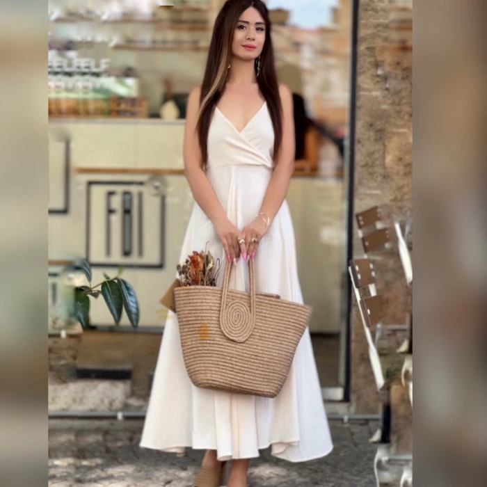 EKRU SIRT BAĞLAMALI ELBİSE