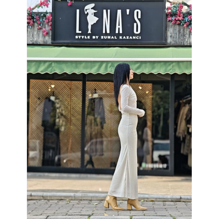 EKRU SIRT DEKOLTELİ ELBİSE