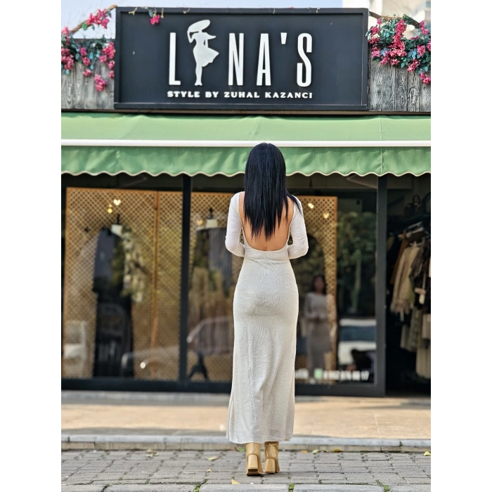 EKRU SIRT DEKOLTELİ ELBİSE