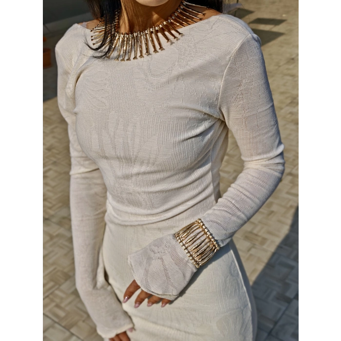 EKRU SIRT DEKOLTELİ ELBİSE