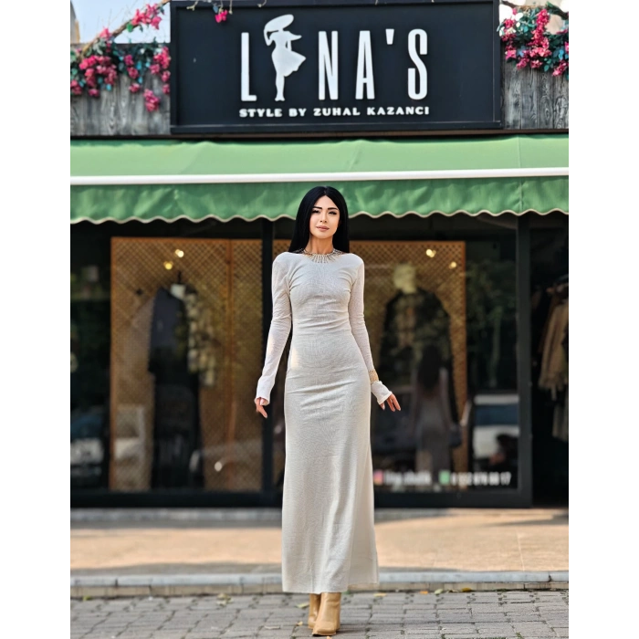 EKRU SIRT DEKOLTELİ ELBİSE