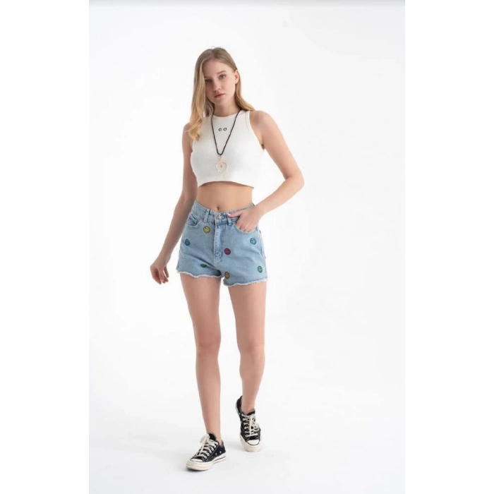 EMOJİ BASKILI KOT ŞORT