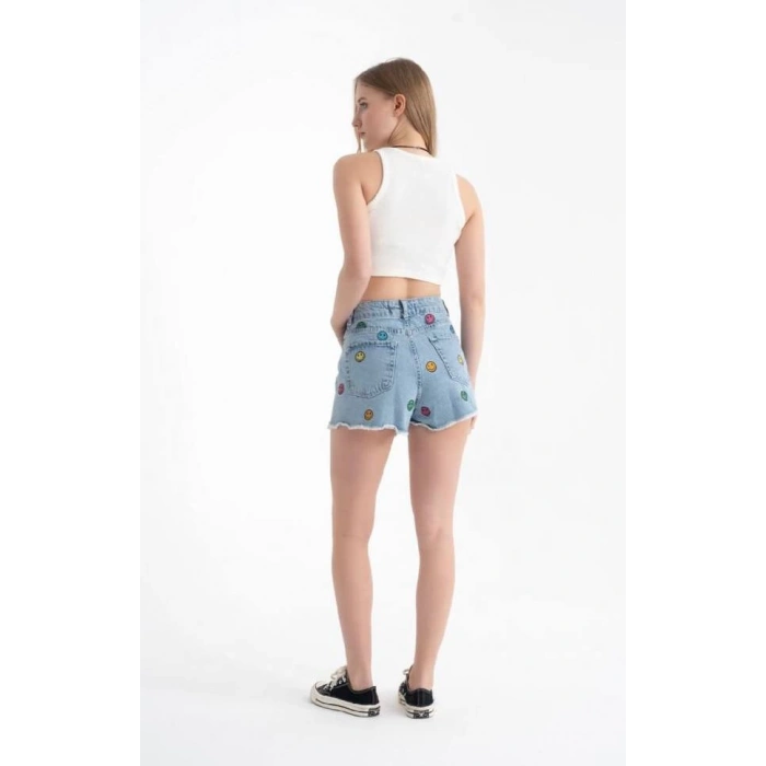 EMOJİ BASKILI KOT ŞORT