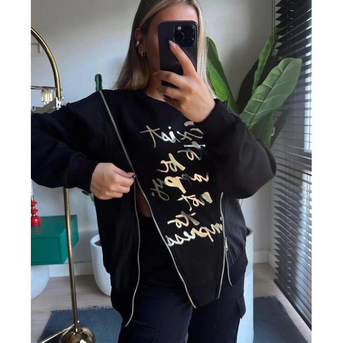 FERMUAR DETAYLI SİYAH SWEAT