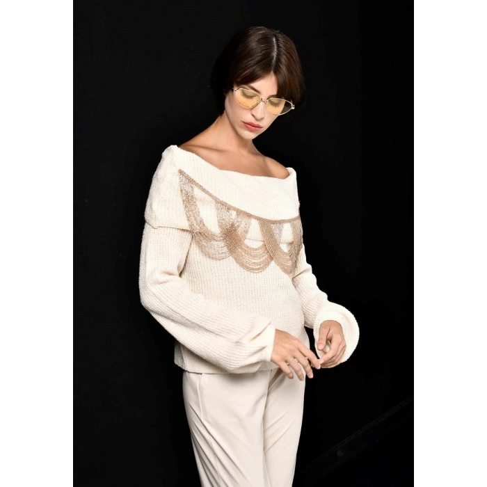 GOLD BONCUK DETAYLI EKRU TRİKO