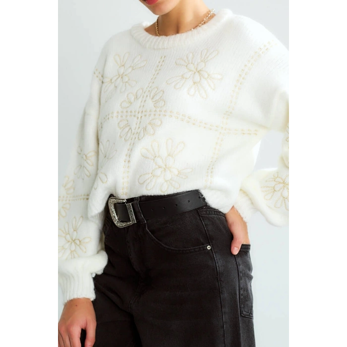 GOLD İŞLEMELİ TRİKO KAZAK BEYAZ