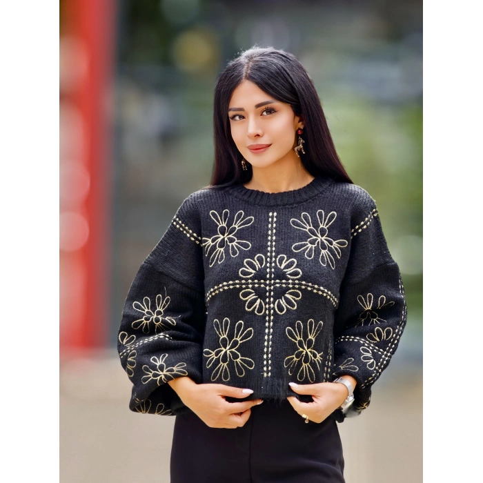 GOLD İŞLEMELİ TRİKO KAZAK SİYAH