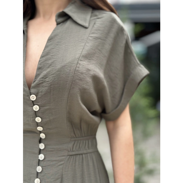 HAKİ ÖNÜ DÜĞME DETAY ELBİSE