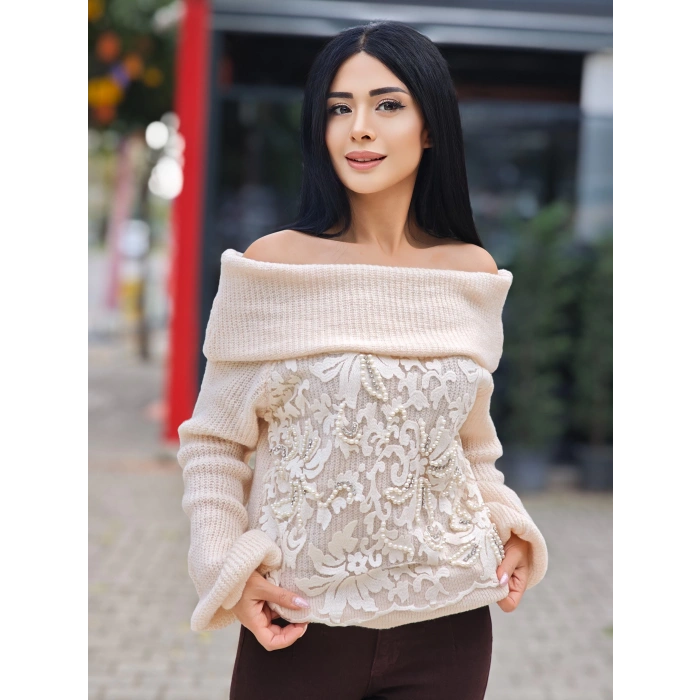 İNCİ TÜL DETAY KAYIK YAKA TRİKO KAZAK