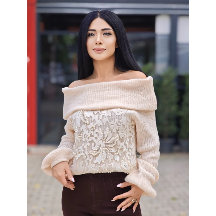 İNCİ TÜL DETAY KAYIK YAKA TRİKO KAZAK