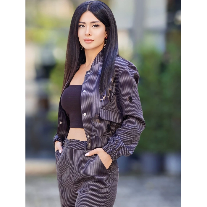 İŞEMELİ ÇİZGİLİ BOMBER CEKET