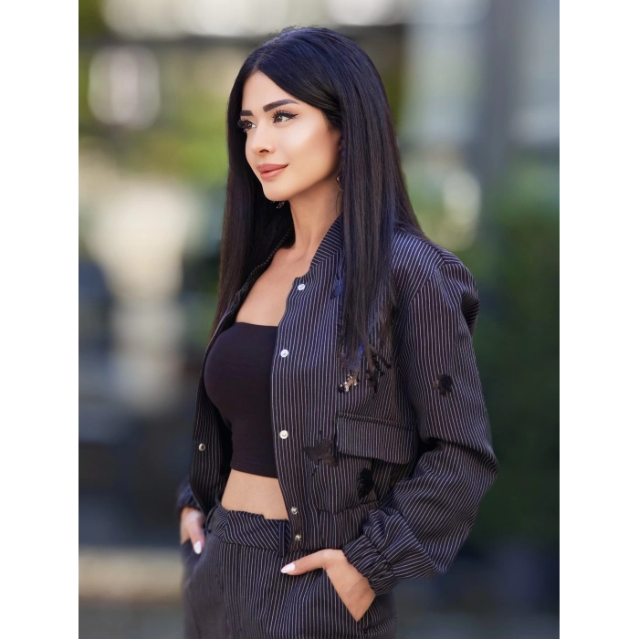 İŞEMELİ ÇİZGİLİ BOMBER CEKET