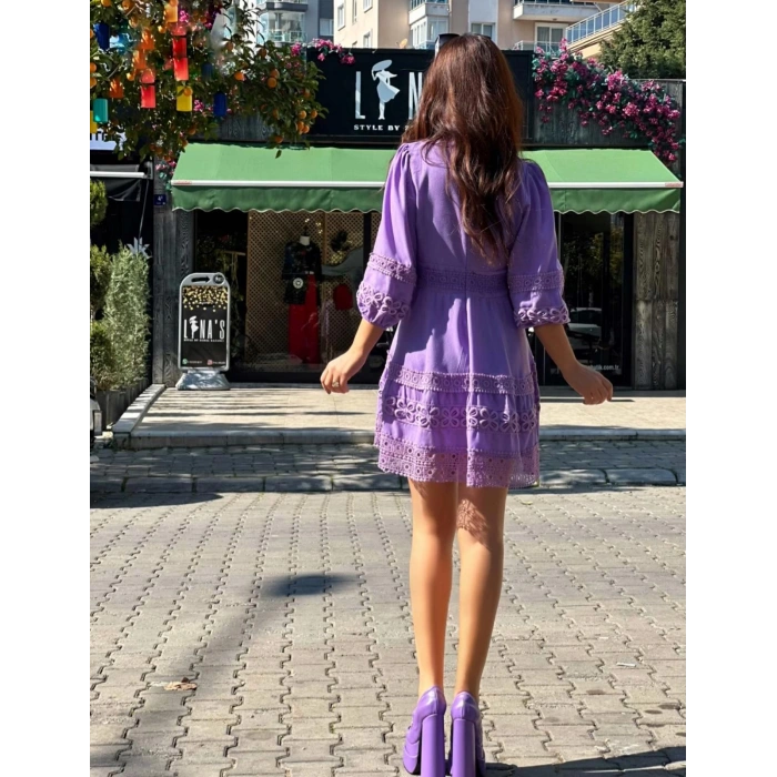 İŞLEMELİ BALON KOL ELBİSE