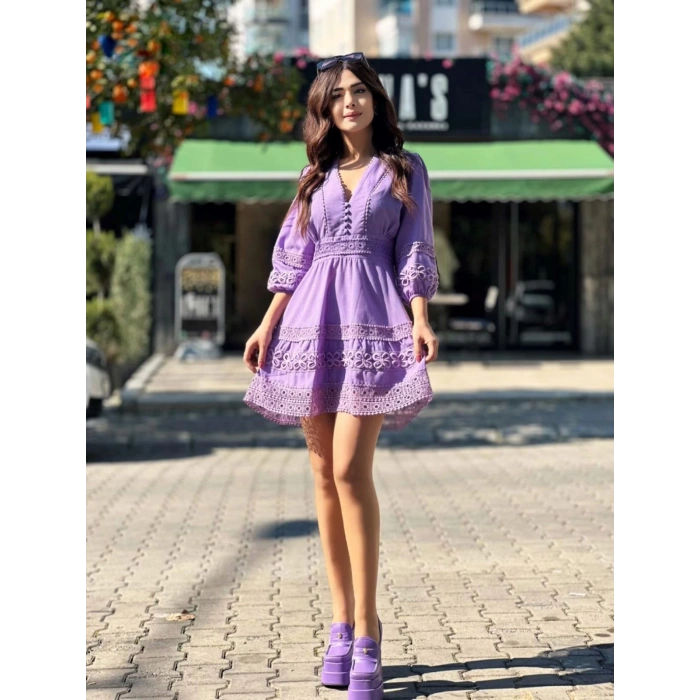 İŞLEMELİ BALON KOL ELBİSE