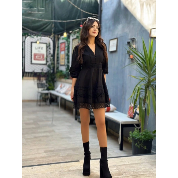 İŞLEMELİ BALON KOL ELBİSE