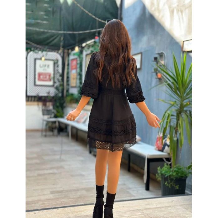 İŞLEMELİ BALON KOL ELBİSE