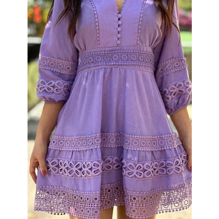 İŞLEMELİ BALON KOL ELBİSE