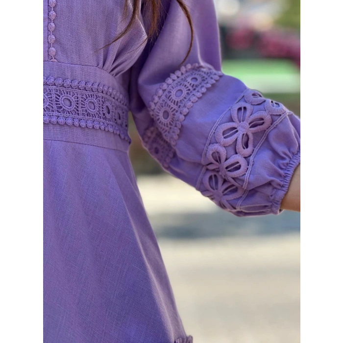 İŞLEMELİ BALON KOL ELBİSE