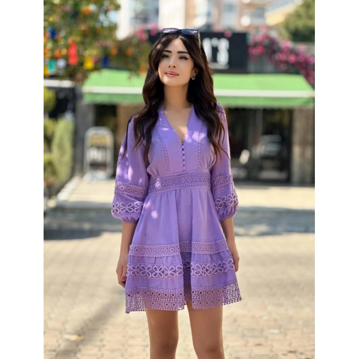 İŞLEMELİ BALON KOL ELBİSE